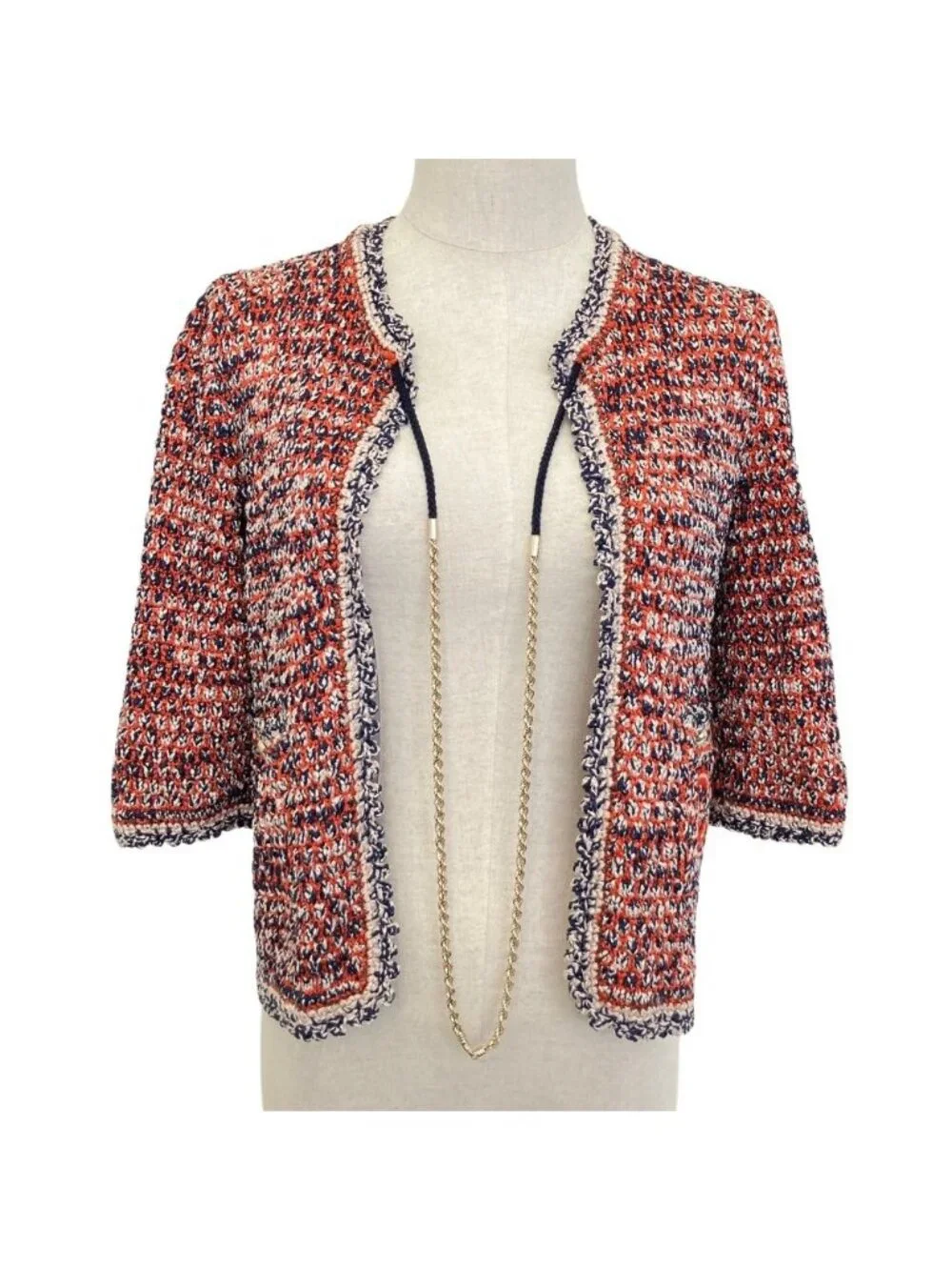 Chanel CC Logo Chain Knit Cardigan 34 Orange Navy
